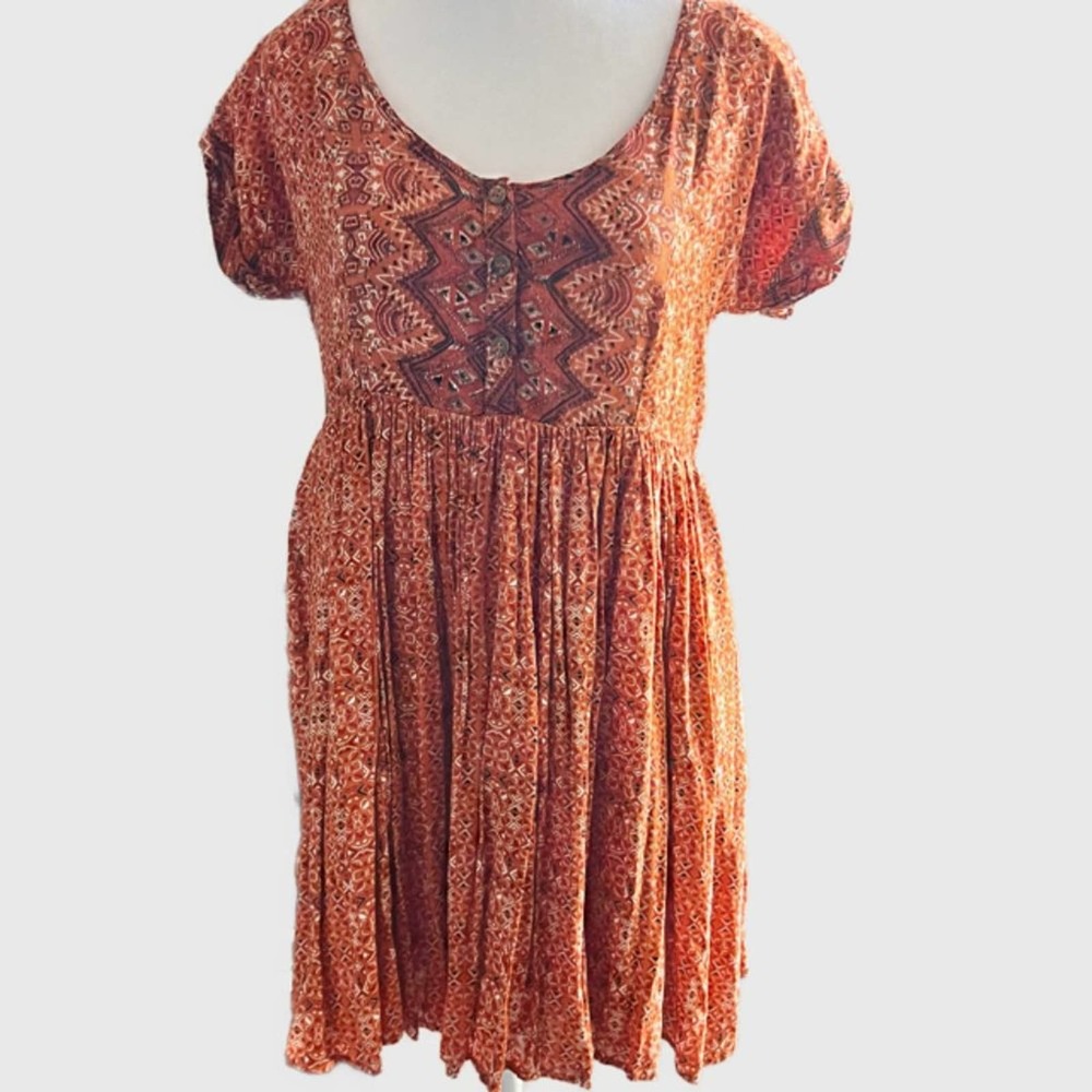 Free People Orange Aztec-Inspired Cut-Out Back Baby Doll Tunic Dress-Size XS